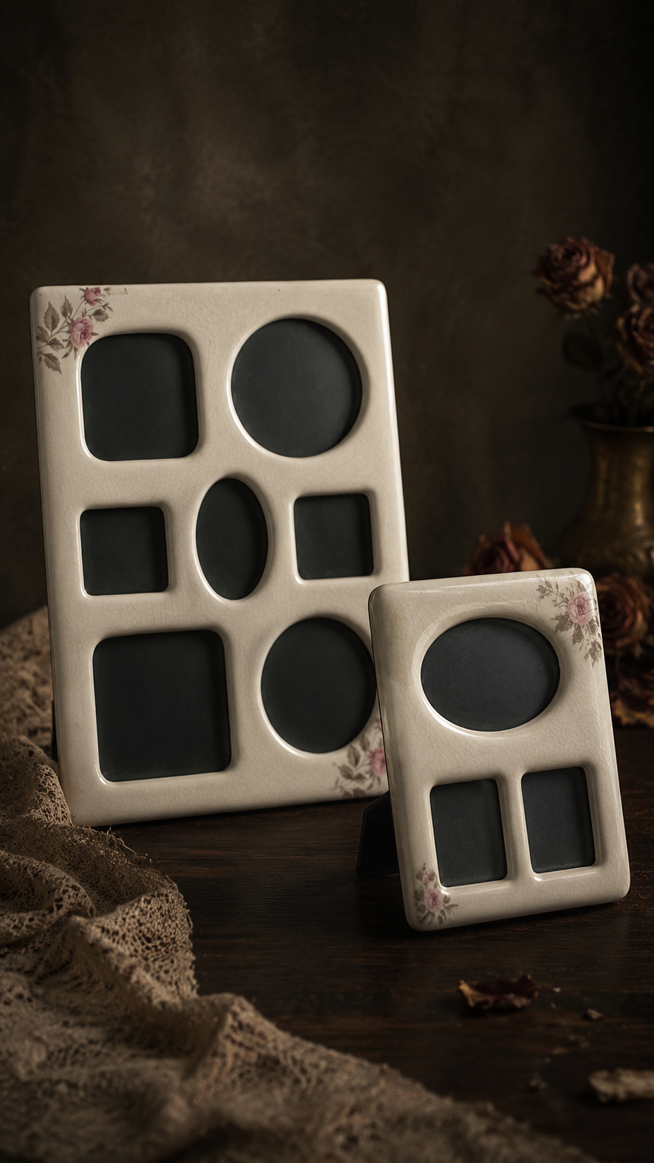 Vintage 1980s Cottage Rose Ceramic Multi-Photo Frames, Set of 2
