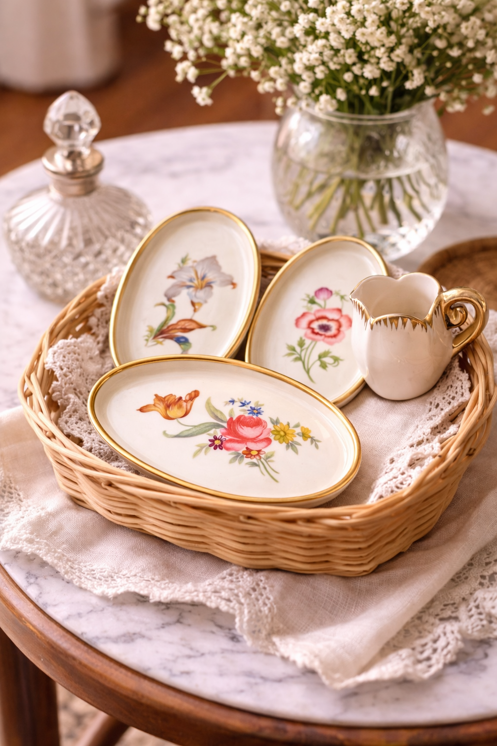 Vintage Danish Porcelain Floral Dishes with Mini Creamer, Set of 4 c. 1970s
