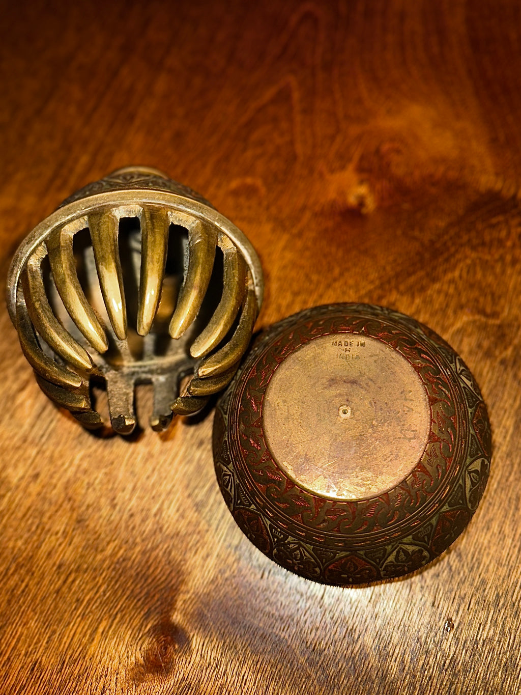 Indian Brass “Elephant Claw” Ritual Bell with Clapper & Stand c.1950–1975