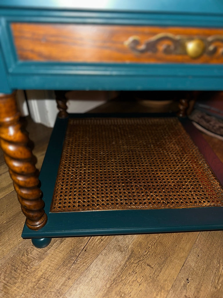 Refurbished Barley Twist Side Table with Cane Shelf