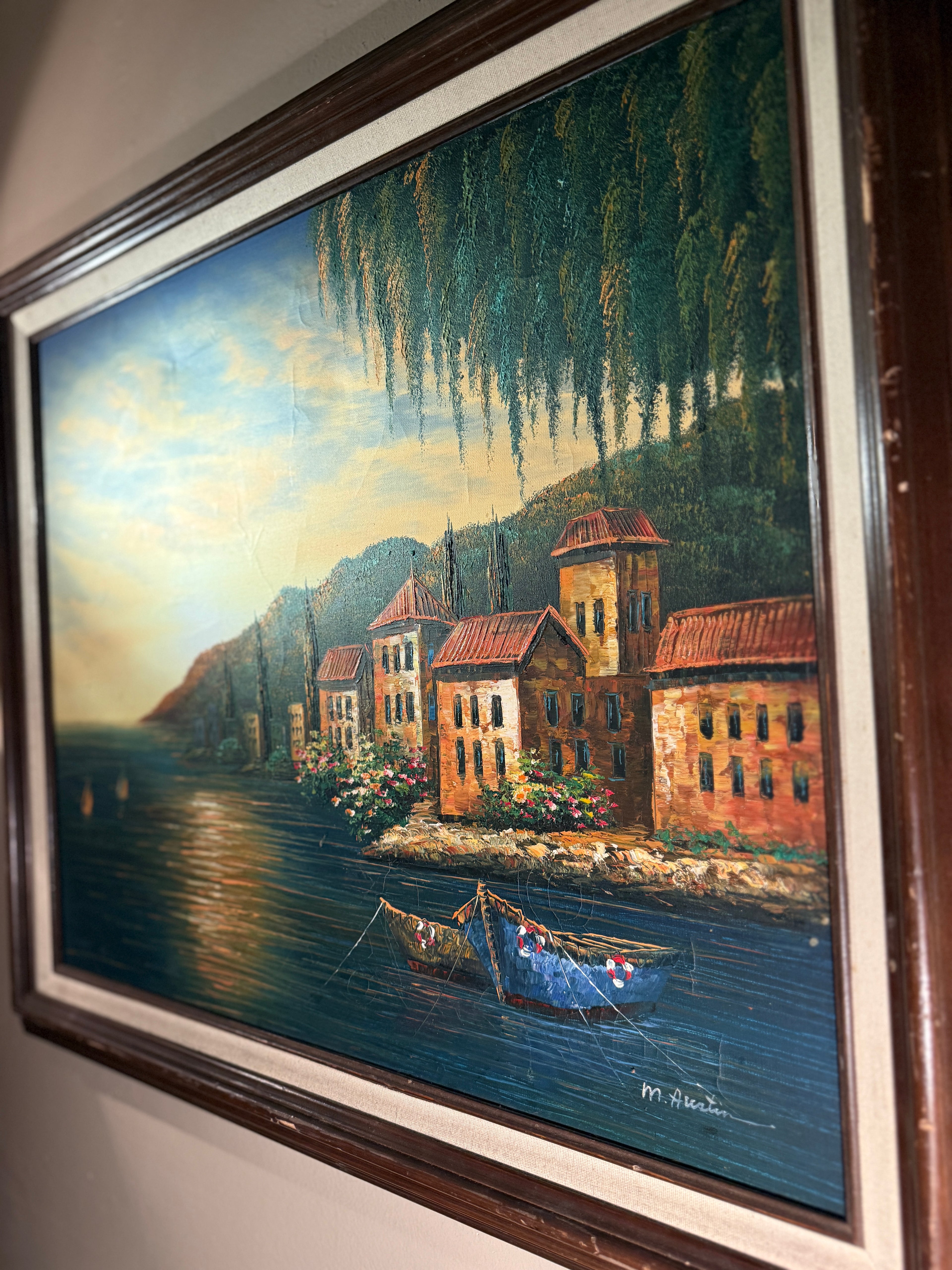 Vintage Mediterranean Harbor Oil Painting Signed M Austin