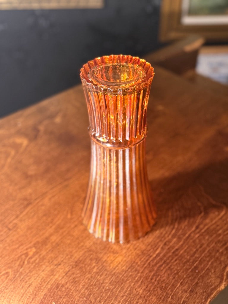 Antique Amber Carnival Glass Vase c.1910–1930 | Ribbed Iridescent Pressed Glass