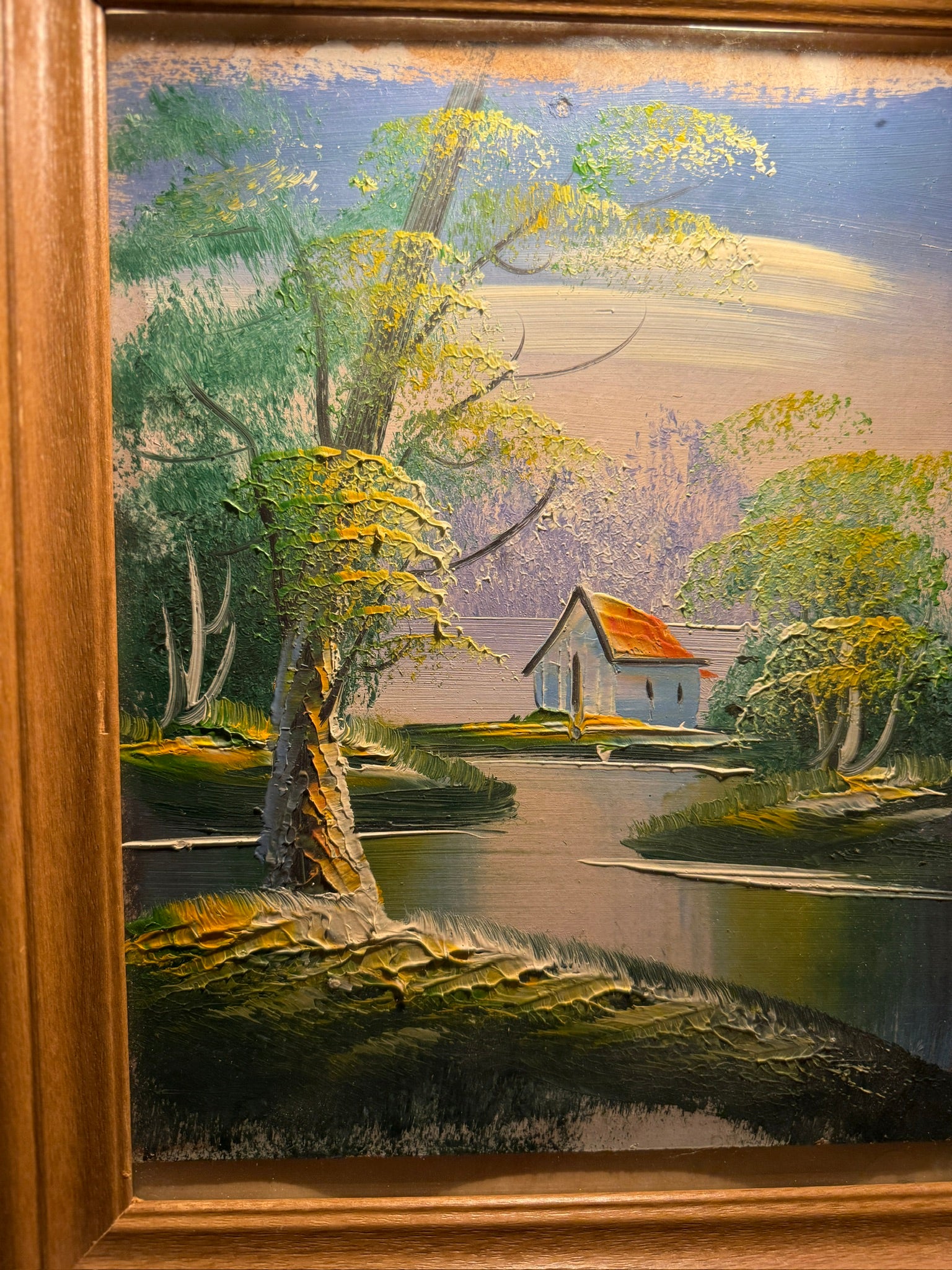 Mid-Century Impasto Landscape Oil Painting Cottage Scene c.1960