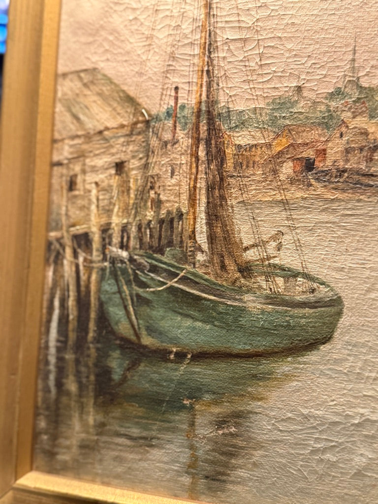 Antique Harbor Oil Painting With John Nighland Art Dealer Label, c. 1910s–1940s
