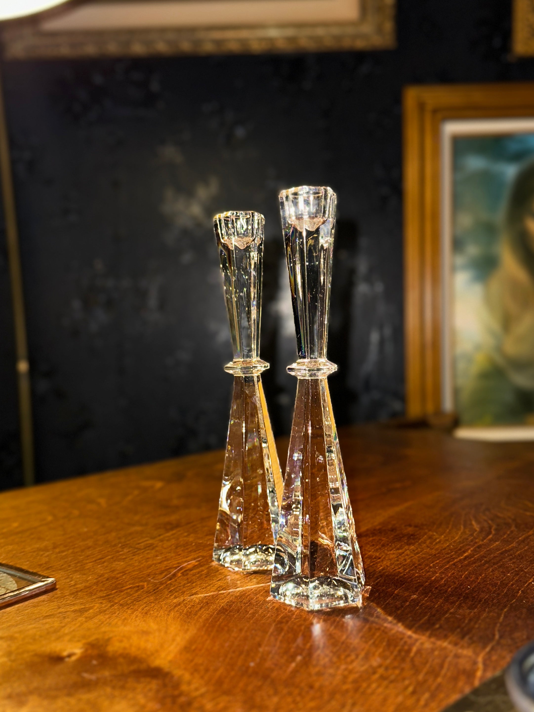 Mid-Century Faceted Crystal Candlesticks, Pair, c. 1950s–1960s