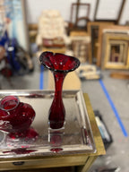 Vintage Ruby Red Art Glass Bud Vase with Clear Pedestal Base, c. 1960s–1980s