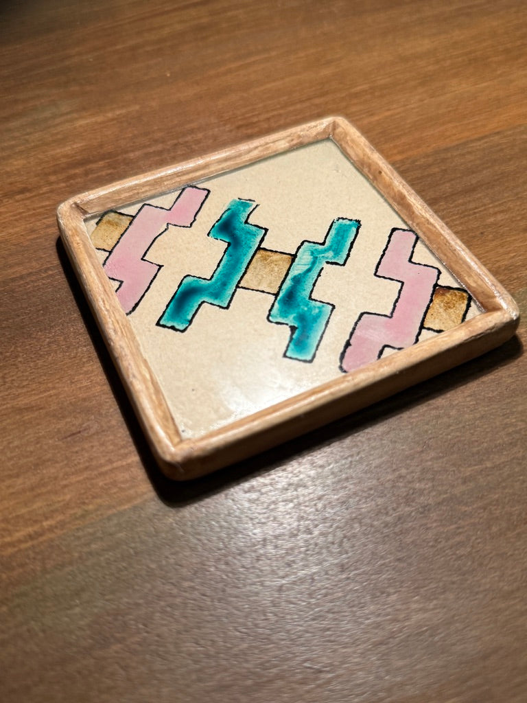 Hand-Painted Ceramic Tile Coaster (c. 1940s–1960s) | Southwestern Geometric Motif