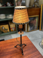 Vintage Cast Iron Candlestick Table Lamp, Checked Shade, c. 1950–1975