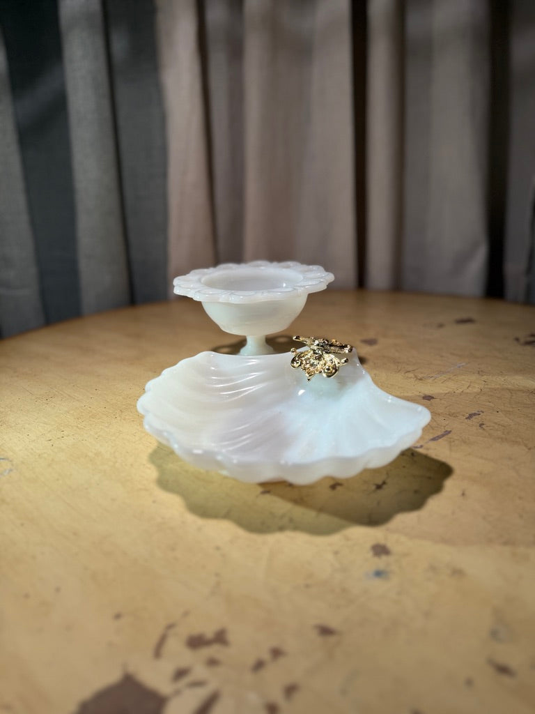 Vintage Milk Glass Pedestal Dish & Shell Tray Set (c. 1940s–1960s)