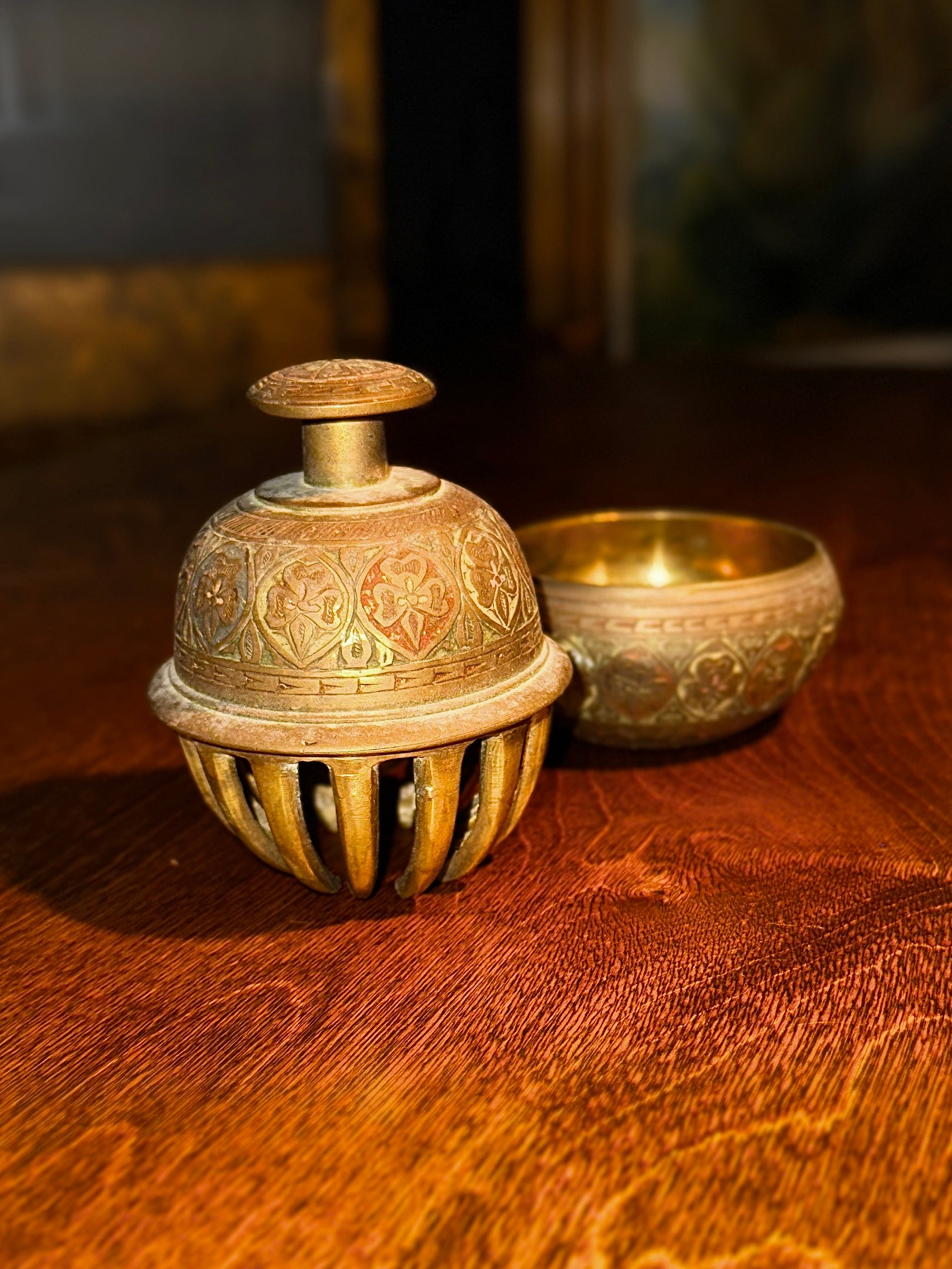 Indian Brass “Elephant Claw” Ritual Bell with Clapper & Stand c.1950–1975