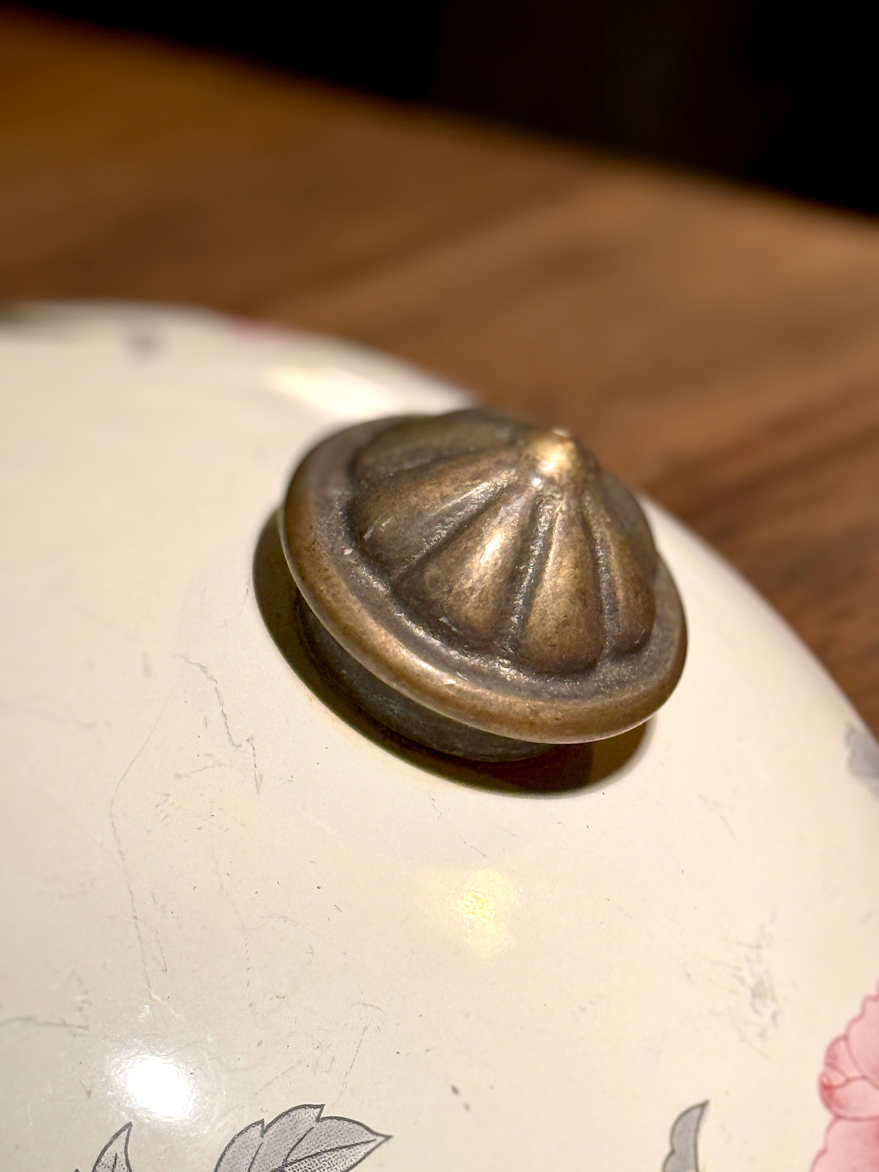 1920s Enamelware Powder Jar Top with Floral Motif and Chain