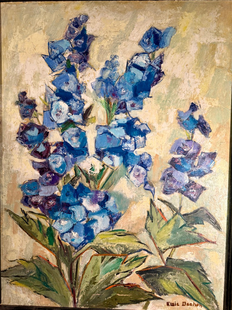 “Blue Delphiniums” by Elsie H. Deehan, Michigan Artist, Oil on Canvas (c. 1950s–1970s)
