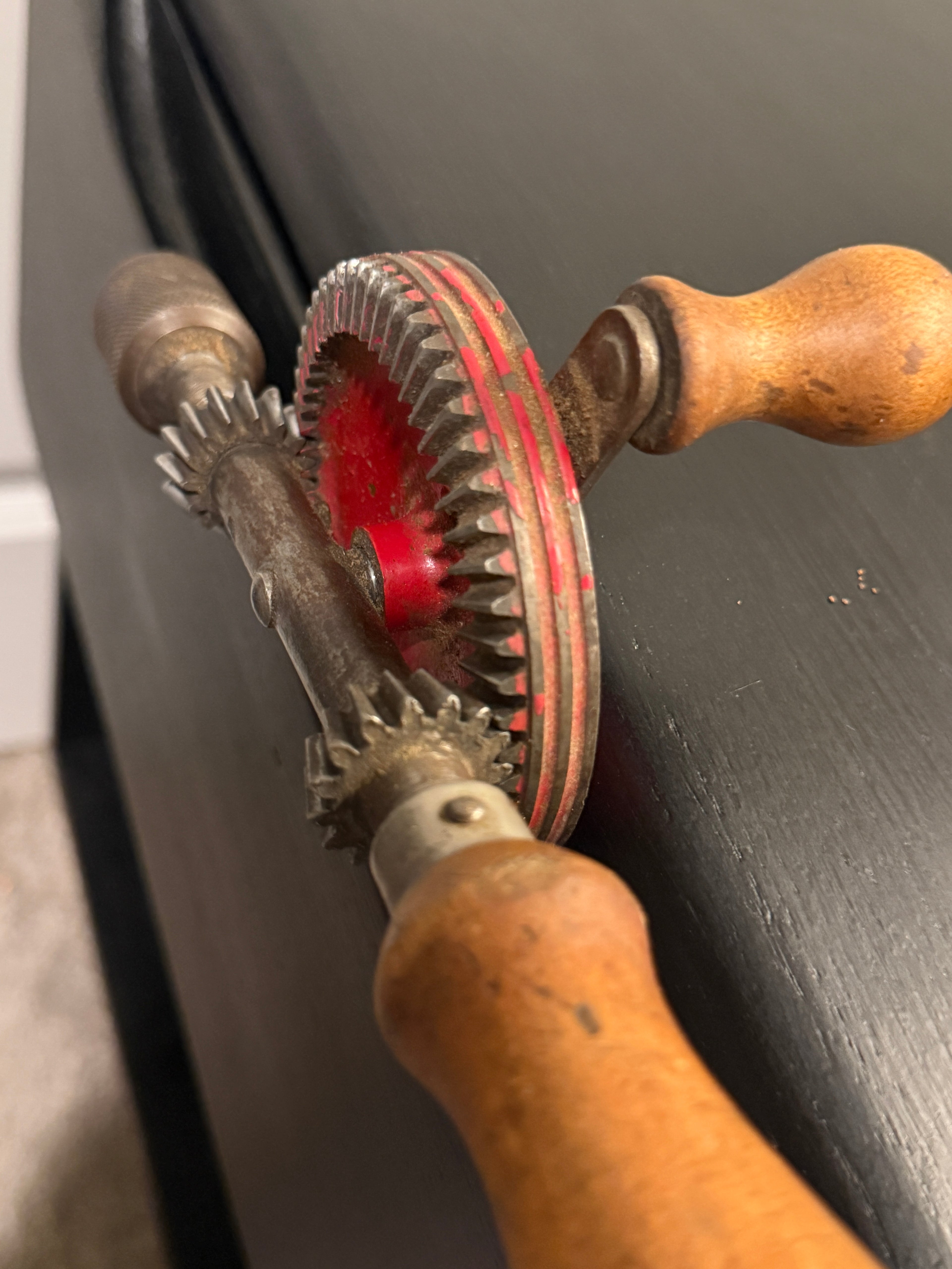 c. 1930s Vintage Eggbeater Hand Drill With Red Gear Wheel
