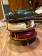 Set of Three Vintage Mid-Century Stacking Footstools in Red, Green & Champagne Vinyl, c. 1960s–1970s