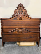 Late 19th-Century Victorian Eastlake Walnut & Burl Bed with Carved Floral Crest, c. 1880