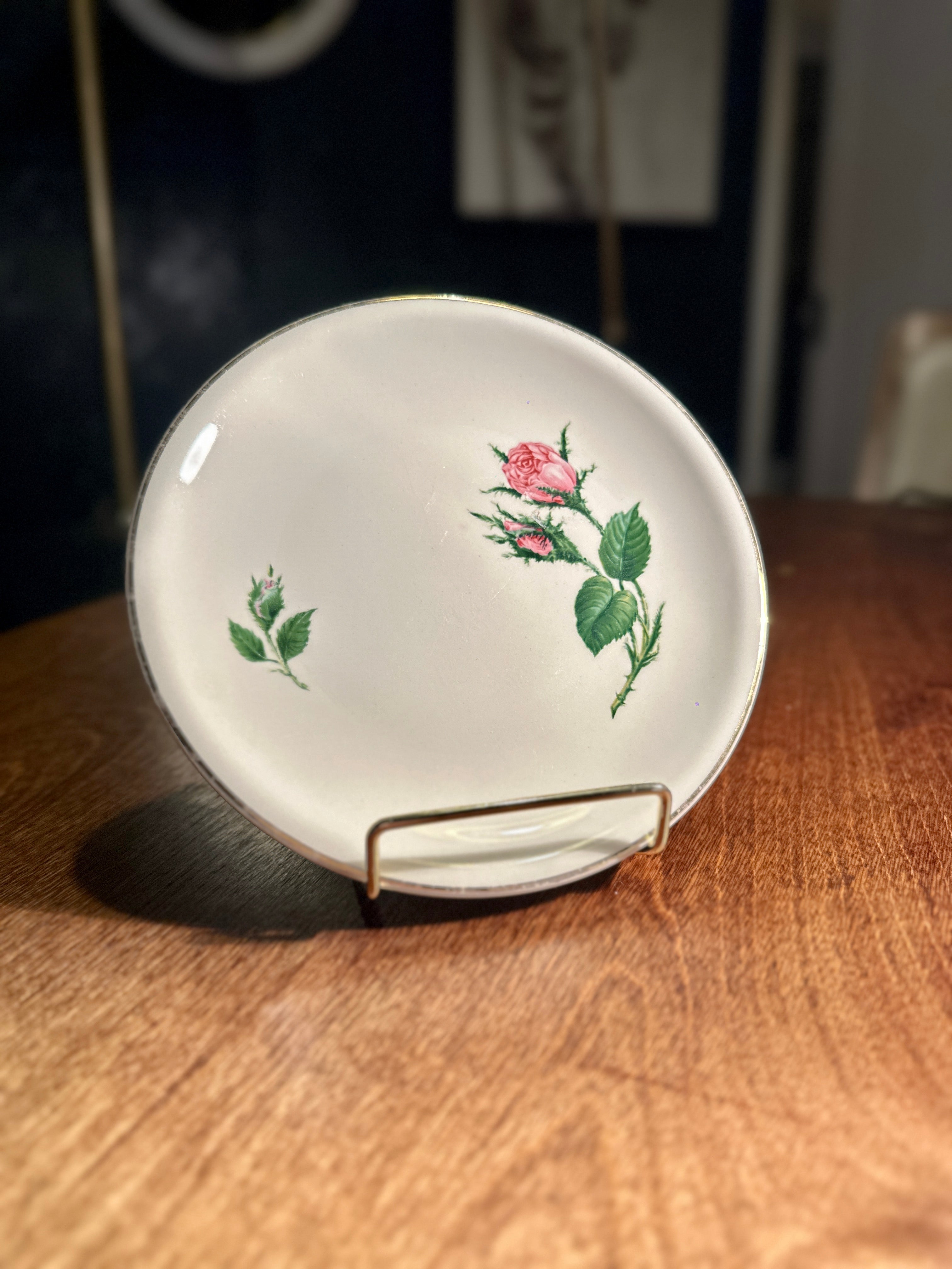 Vintage Knowles Oven-Proof Porcelain Dessert Plate with Pink Rose Motif, c. 1950s