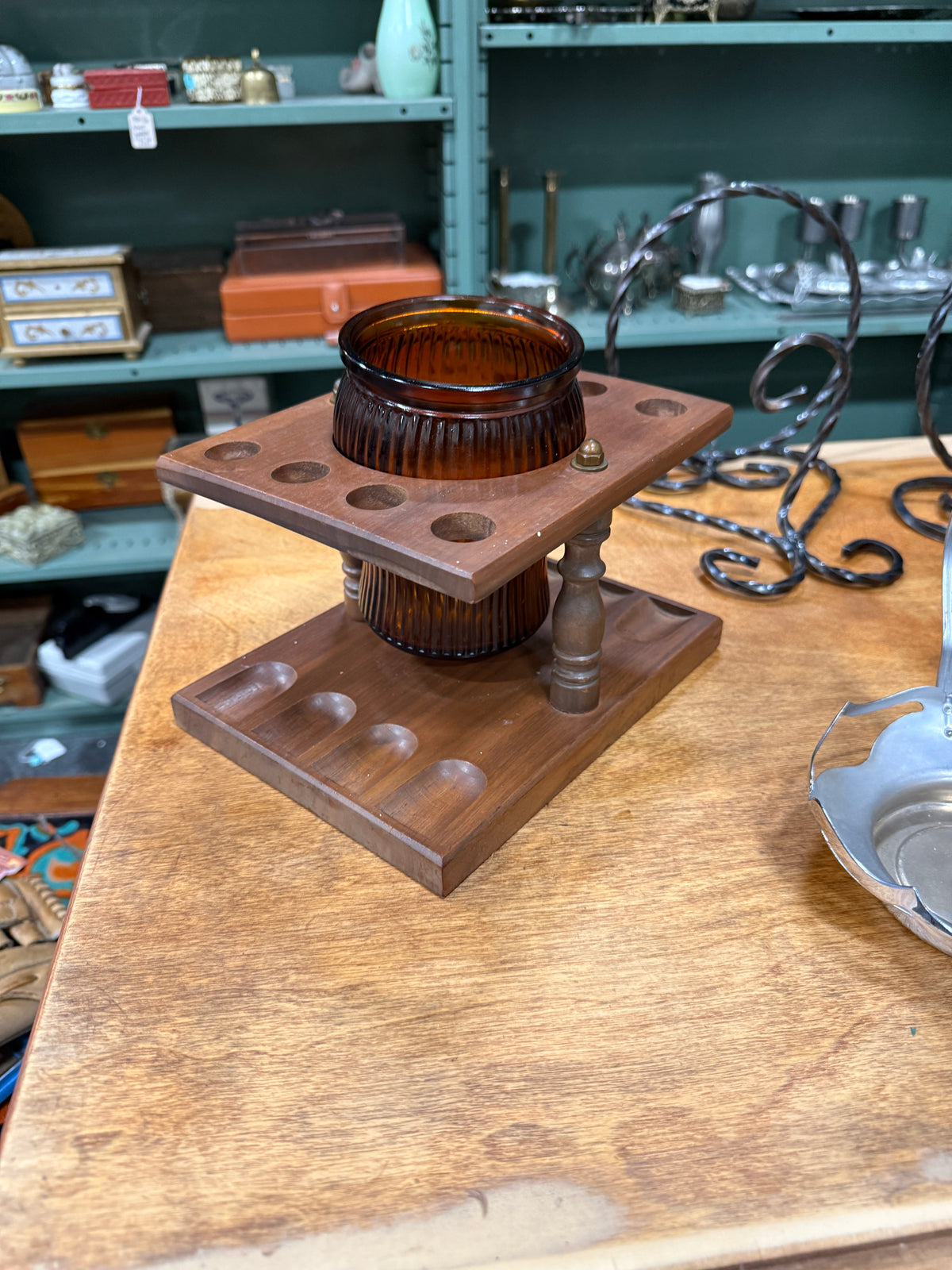 Vintage Dun-Rite Walnut 8-Pipe Stand, Duraglas Jar, c. 1940–1955