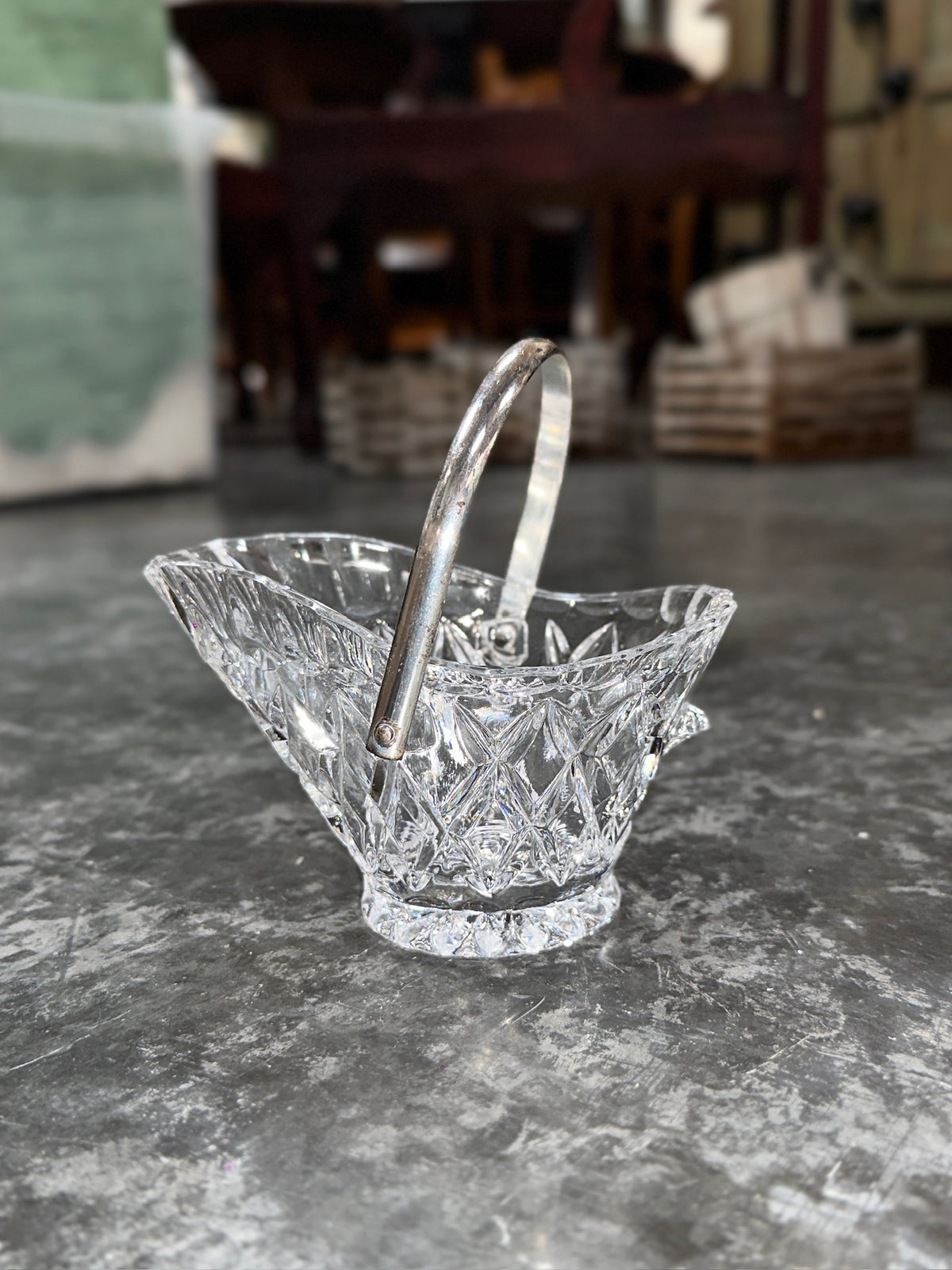 Cut Crystal Basket with Diamond and Fan Pattern, Star-Cut Base and Silver-Plate Swing Handle, c. 1950–1990