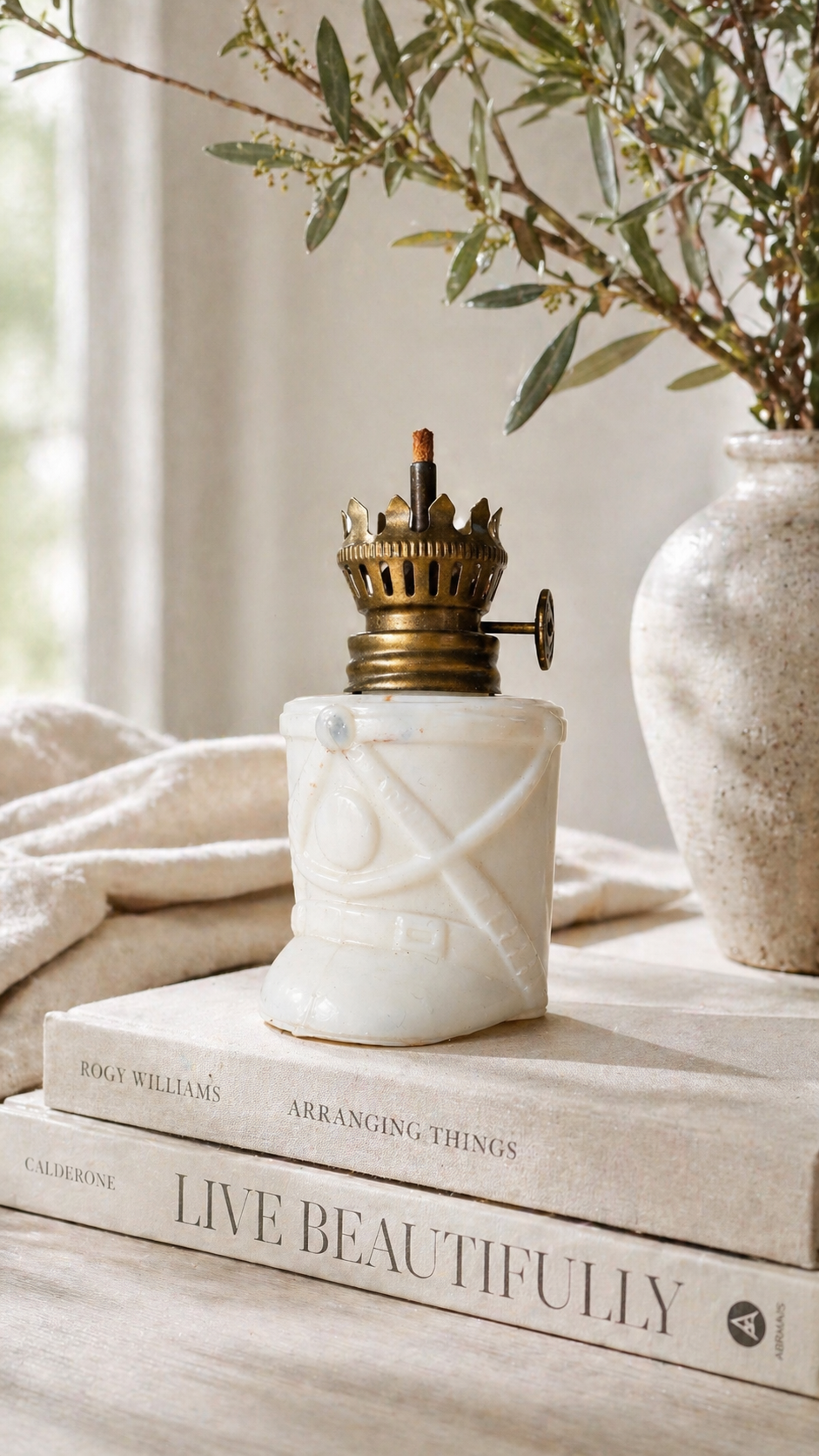 Vintage Milk Glass Tennis Motif Oil Lamp c. 1930s–1950s