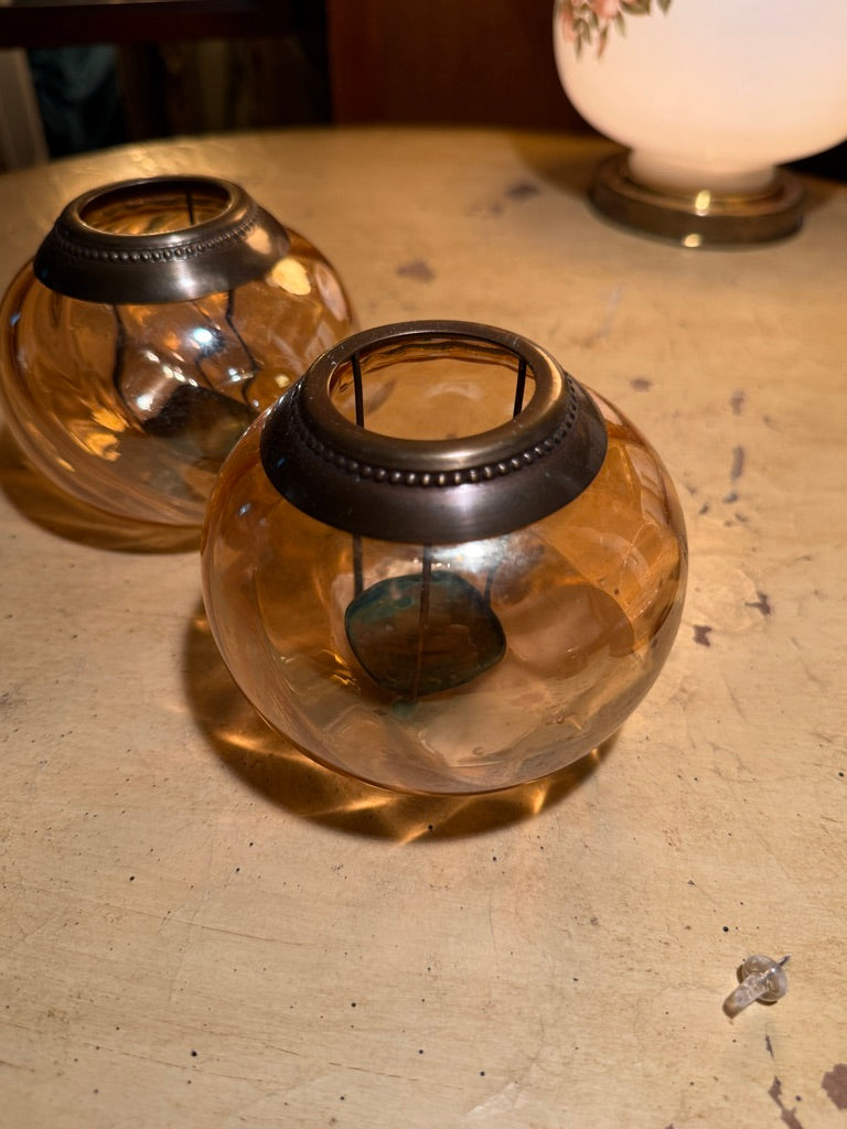 Pair of Mid Century Rose-Amber Glass Candle Holders, c. 1940s–1960s