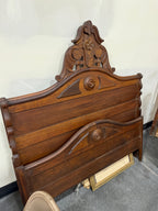 Late 19th-Century Victorian Eastlake Walnut & Burl Bed with Carved Floral Crest, c. 1880