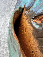 Slab-Built Stoneware Wall Pocket, Oval, Copper-Green Glaze Breaking Rust over Incised and Rouletted Decoration, c. 1970–1995