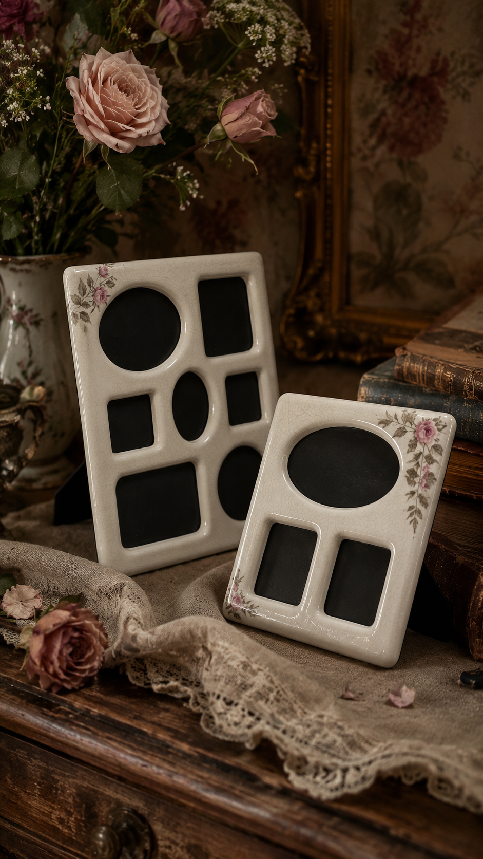 Vintage 1980s Cottage Rose Ceramic Multi-Photo Frames, Set of 2