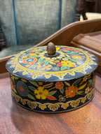 Lithographed Biscuit Tin in the Cloisonné Taste, Brass Acorn Finial, Made in England, c. 1935–1960