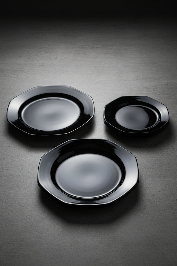 Five Pieces of Arcoroc Octime Black Octagonal Glass Tableware, Arc International, Made in France, c. 1970–1990