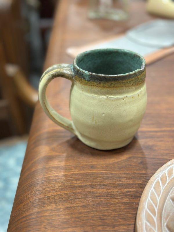 Hand-Thrown Studio Stoneware Mug, Oatmeal and Iron-Speckled Exterior with Turquoise Interior, Impressed Potter's Chop to the Foot, c. 1970s