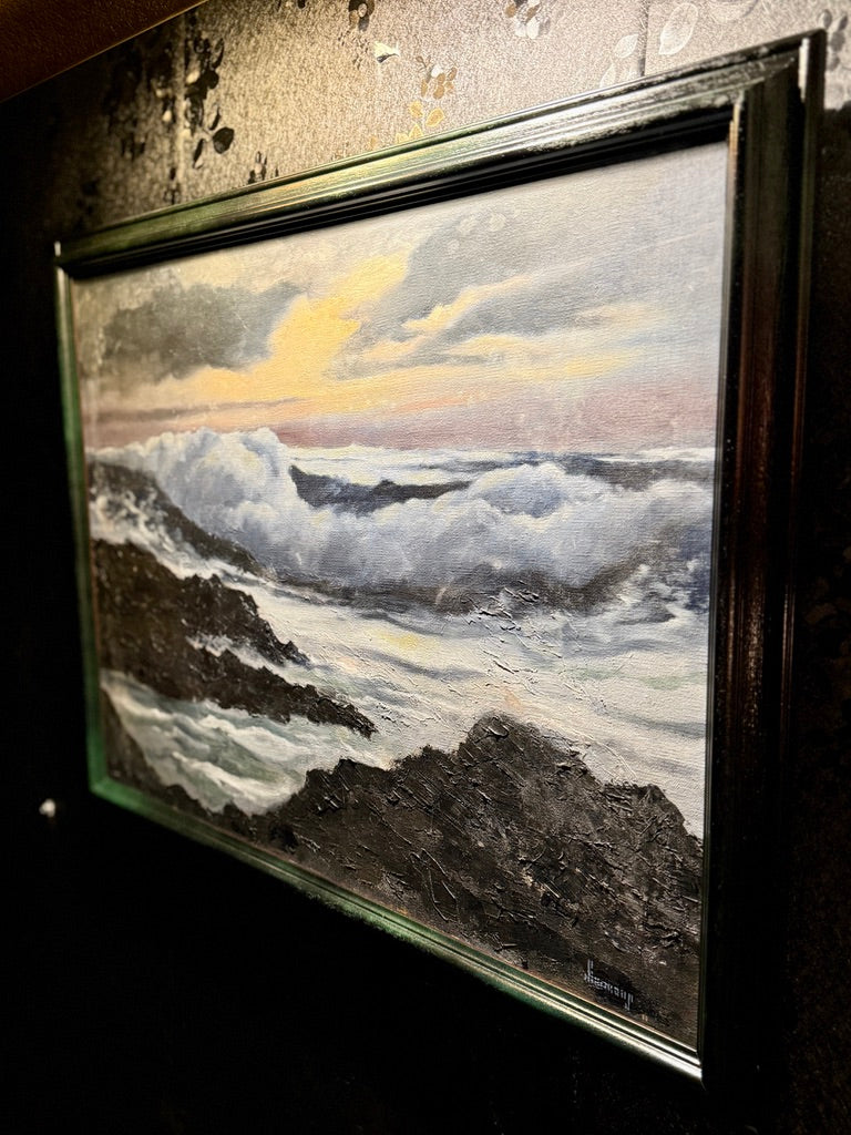 Signed Simmons Coastal Seascape Oil Painting (20th Century) – Impasto Shoreline Scene