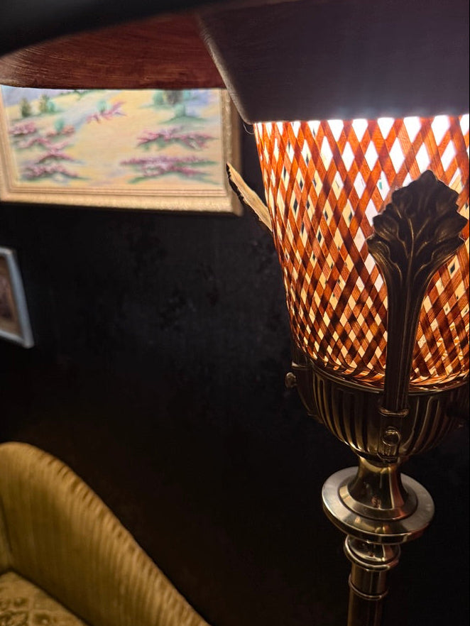 Art Deco Pull-Down Torchiere Floor Lamp – Brass & Amber Glass, c.1935-1950