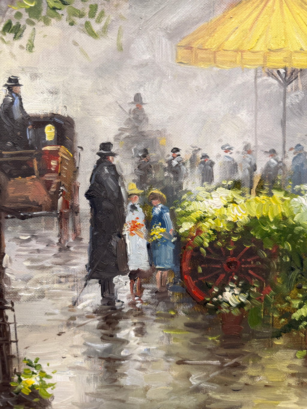 The Flower Market Beneath the Chrysler Building, Oil On Canvas 50 x 28, Unsigned 20th Century