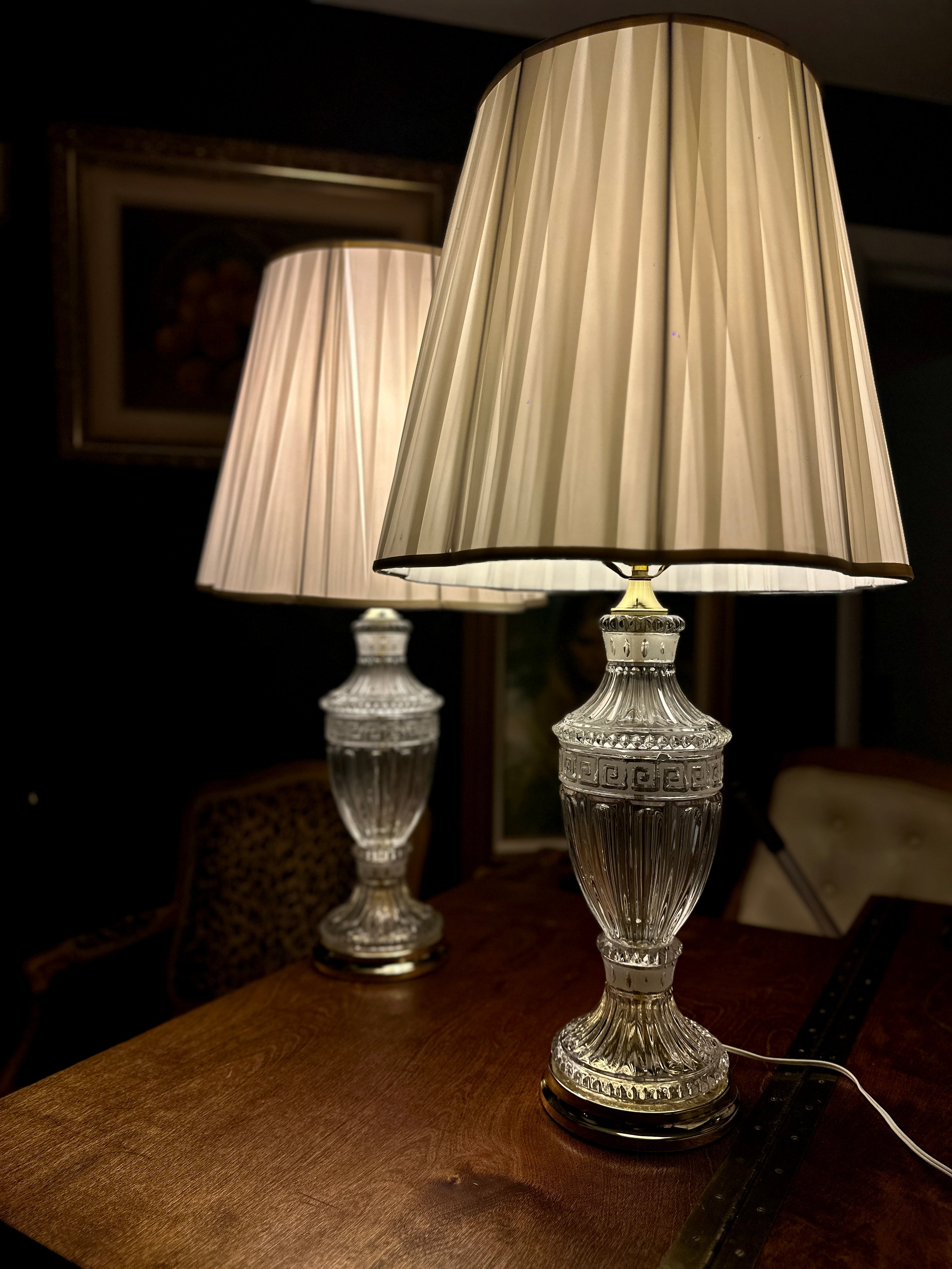 Pair of Vintage Cut Glass Table Lamps with Brass Bases | Neoclassical Revival Lighting