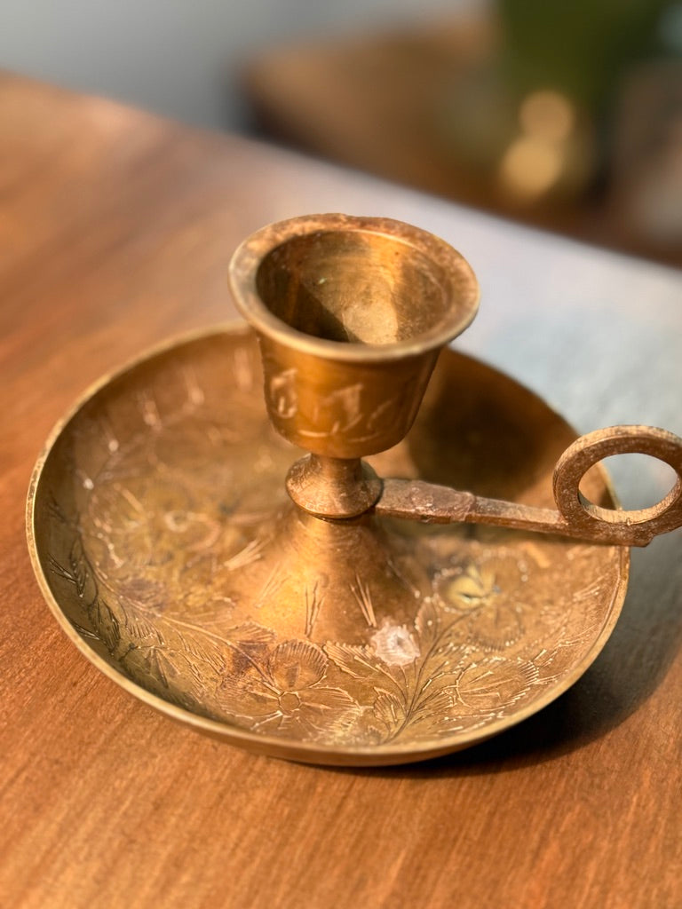 Antique Brass Chamberstick Candle Holder with Floral Engravings – Reno, NV Antiques