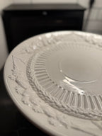 Italian Embossed Whiteware Cake Stand, Harvest Relief, Pedestal Foot, Made in Italy for Over and Back, Contemporary