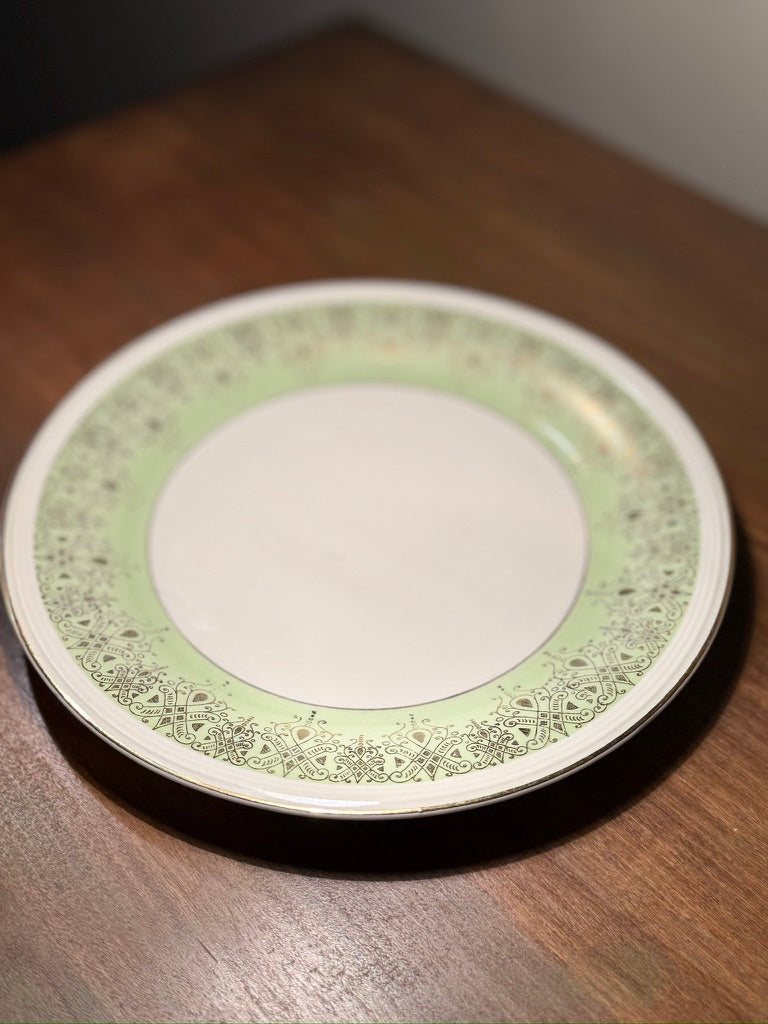 Knowles China “22 Karat Gold” Plate with Green Filigree Border, USA, c. 1940s–1950s