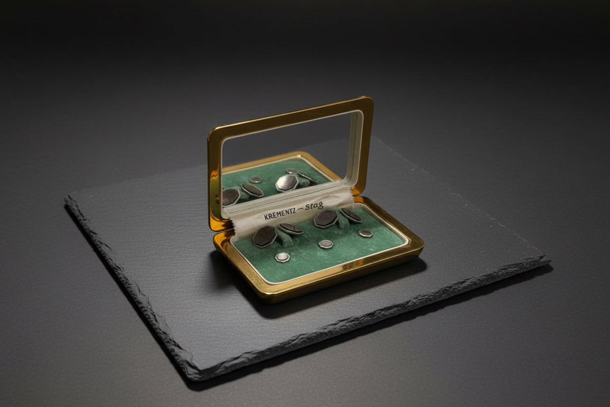 Vintage Krementz “Stag” Cufflink & Shirt Stud Set (c. 1950s) – Mother of Pearl, Original Case