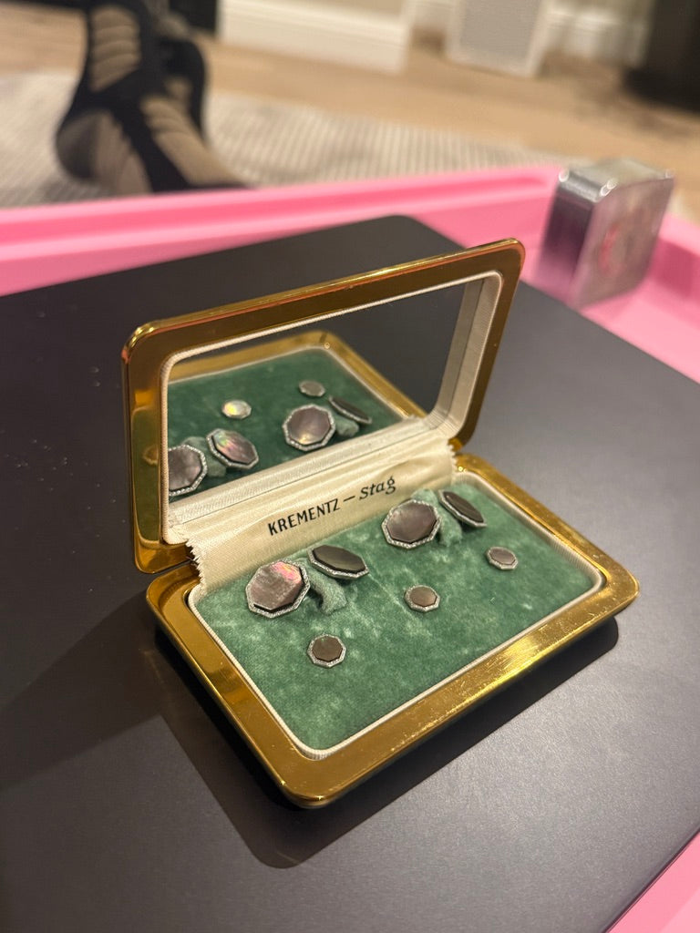 Vintage Krementz “Stag” Cufflink & Shirt Stud Set (c. 1950s) – Mother of Pearl, Original Case