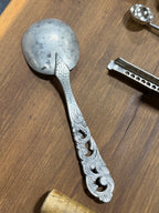 Scandinavian Tinn Pewter Serving Spoon with Openwork Acanthus Handle