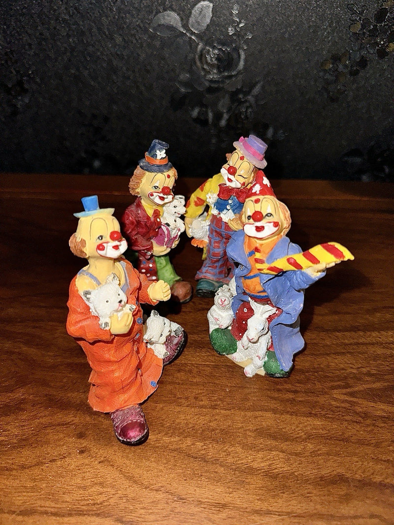 Whimsical Clown Figurines with Animals, Set of 5 Polyresin Circus Decor, Vintage