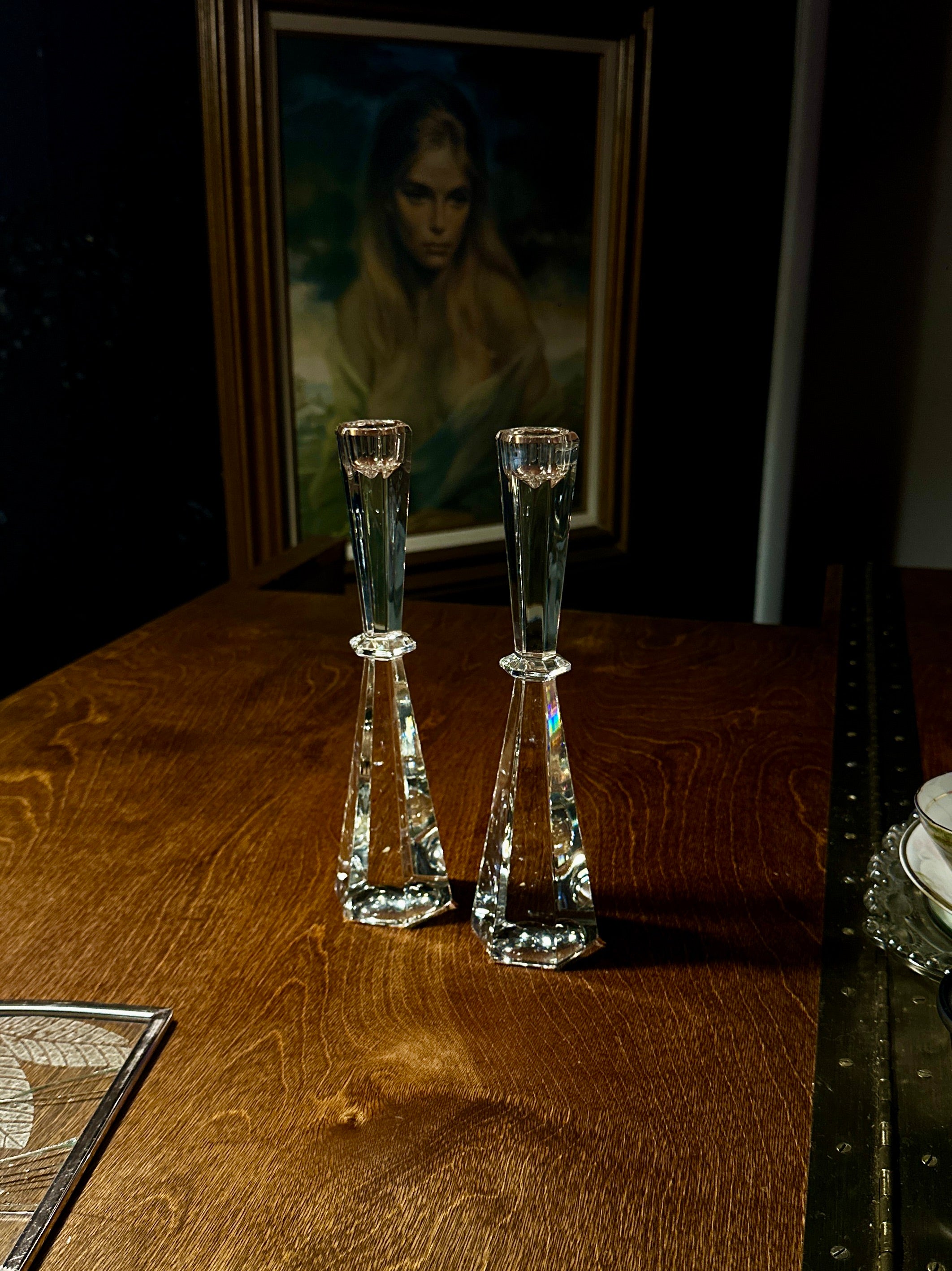 Mid-Century Faceted Crystal Candlesticks, Pair, c. 1950s–1960s