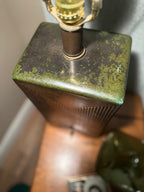 Mid-Century Modernist Brutalist Ceramic Table Lamp with Geometric Relief Base and Verdigris Patina, Circa 1950s–1960s