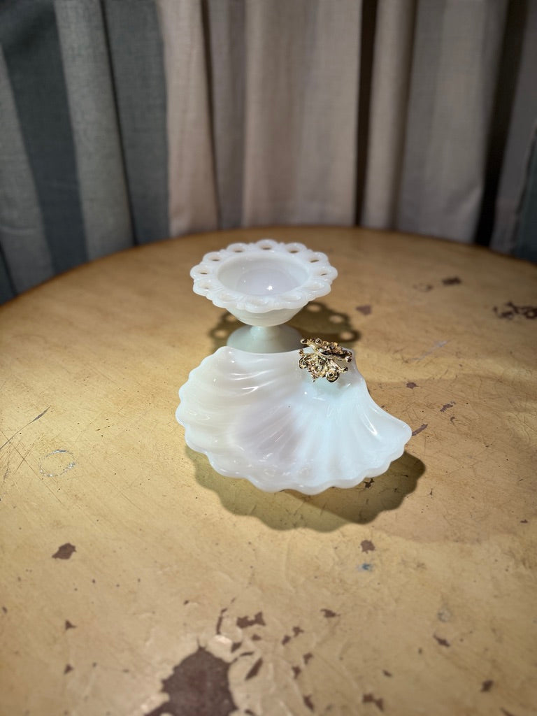 Vintage Milk Glass Pedestal Dish & Shell Tray Set (c. 1940s–1960s)