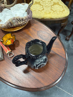 Hand-Painted Mexican Pottery Teapot, Grisaille View of the Puente de Tepetapa Lettered by the Painter, Black Glaze with Scalloped Rim and Foot, Guanajuato, Mid-20th Century