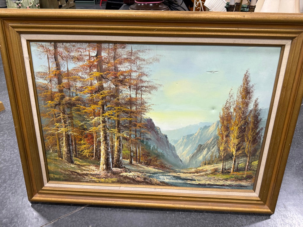 Mid-Century Signed H. Wilson Oil Landscape Painting, Alpine River Scene