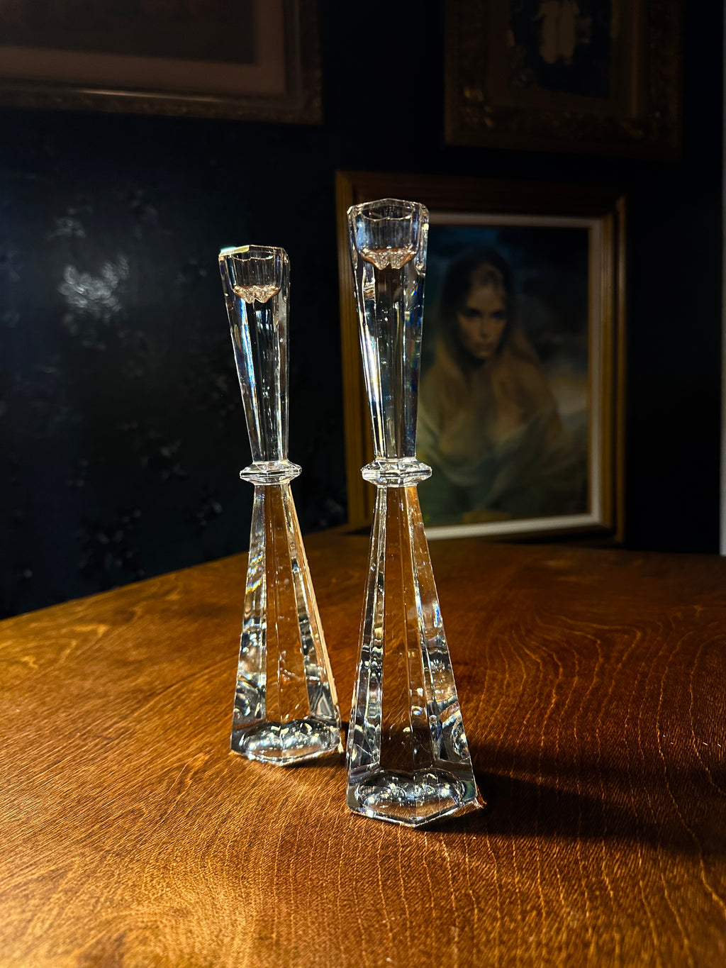 Mid-Century Faceted Crystal Candlesticks, Pair, c. 1950s–1960s