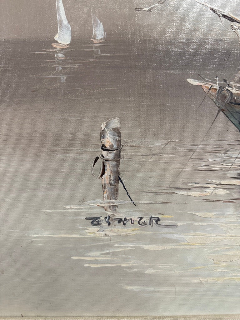 “Harbor at Dusk” — Signed E. Bauer, European/American School, c.1950s–1960s, Oil on Canvas