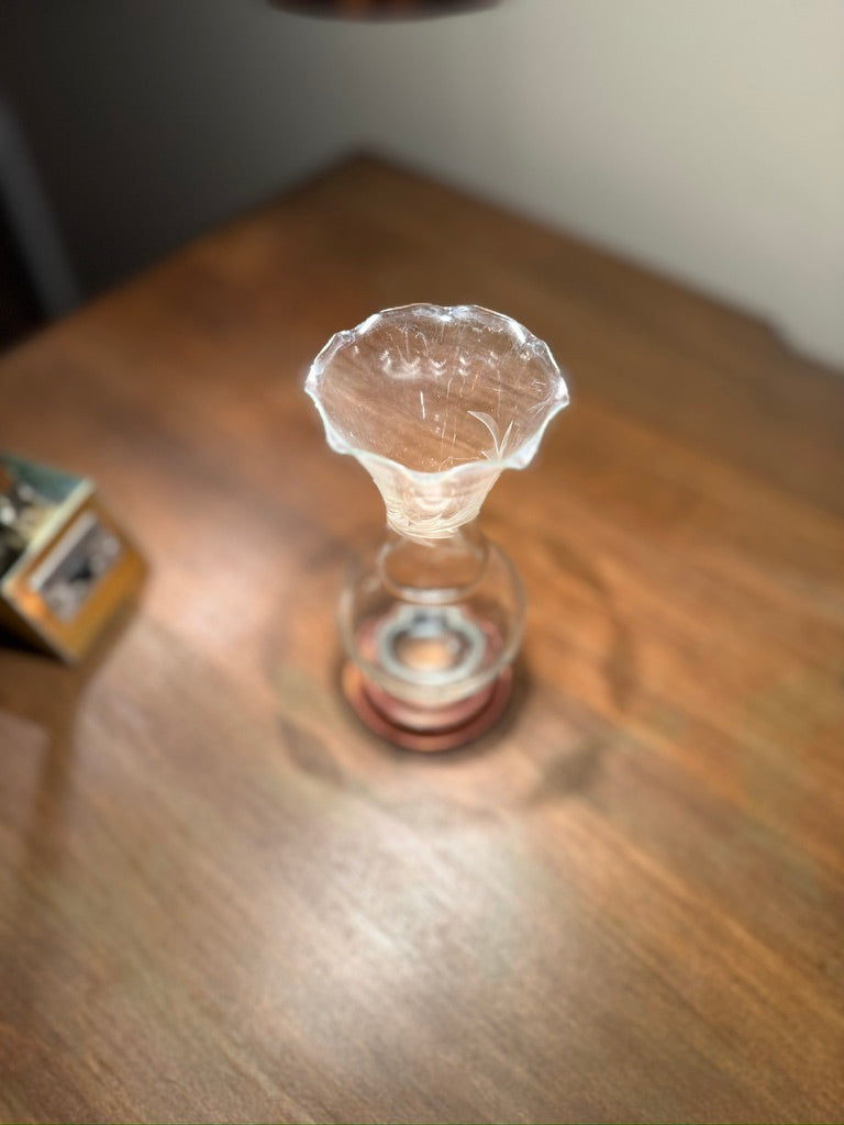 Hand-Blown Glass Bud Vase with Acid-Etched Motif & Solid Brass Base, c. 1920s–1940s