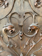 Antique Edwardian Art Nouveau Carved Oak Triple Wardrobe, Bevelled Mirror Door, Poppy and Bird-Head Panels, c. 1900–1910